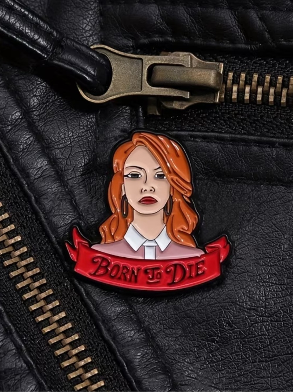 Enamel 'Born To Die' Red Ribbon Pin with Orange-Haired Portrait